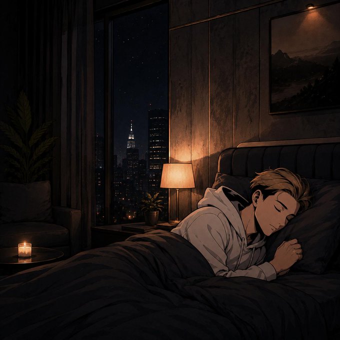 An anime-style illustration of a young man sleeping in bed at night, wearing a hoodie, with a lamp and cityscape visible through the window behind him.
