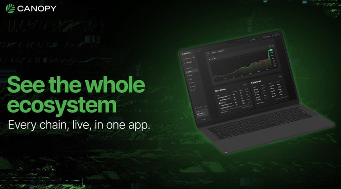 A promotional banner for the Canopy crypto app displaying the text "See the whole ecosystem" and "Every chain, live, in one app." A laptop showing a crypto trading interface appears on the right against a dark green background.