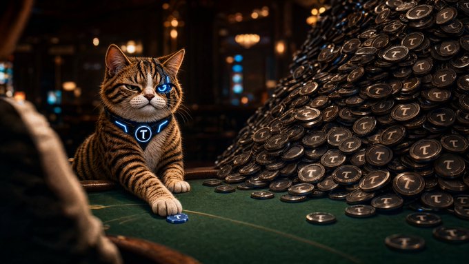 A tabby cat with a blue glowing collar bearing a 'T' logo sits beside a massive pile of bronze coins marked with 'T', on a green felt table.