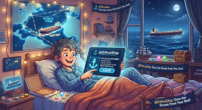 A cheerful child in bed holds a tablet displaying "@EthraShip" with an "ACQUIRE" button, while a map shows "ATLANTIC OCEAN YOUR SHIP" and banners read "@EthraShip: Own the Ocean from Your Bed!"—visually illustrating the post's claim that crypto users can now buy real cargo ships from the comfort of their bedroom.