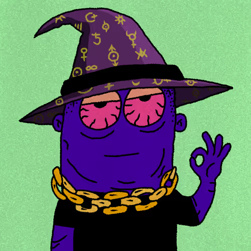 A cartoon illustration of a purple-skinned character wearing a wizard hat decorated with astrological symbols, a large gold chain, and making an 'OK' hand gesture on a light green background.