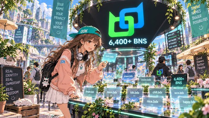 An anime-style illustration depicts a girl wearing a teal "OAK" cap in a futuristic marketplace, surrounded by digital displays advertising domain names and "6,400+ BNS" with banners reading "YOUR NAME YOUR PRIVACY YOUR WORLD" and "REAL IDENTITY REAL OWNERSHIP REAL FREEDOM".