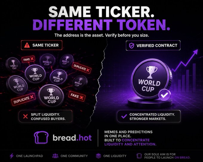 A promotional graphic for bread.hot contrasts fake "WORLD CUP" tokens (labeled "DUPLICATE," "FAKE," and "SPLIT LIQUIDITY. CONFUSED BUYERS.") against a single verified contract with "CONCENTRATED LIQUIDITY. STRONGER MARKETS," under the headline "SAME TICKER. DIFFERENT TOKEN," emphasizing the platform's "ONE LAUNCHPAD, ONE COMMUNITY, ONE LIQUIDITY" model.

The image visually reinforces the post's message by illustrating how multiple tokens sharing the same ticker create confusion and fragmented liquidity, while bread.hot's unified launchpad solves this by concentrating attention and trading volume on one verified contract.
