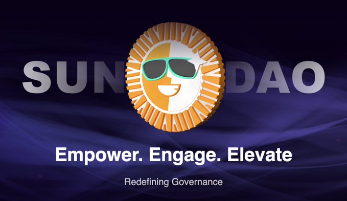 A logo for 'SUNDAO' featuring a stylized sun wearing sunglasses and smiling, with the tagline 'Empower. Engage. Elevate' and 'Redefining Governance' on a purple background.