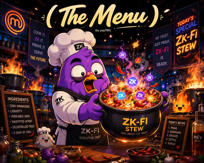 A colorful digital illustration titled '(The Menu)' by pop789, depicting a purple cartoon chef serving 'ZK-FI Stew' with ingredients like zero-knowledge, liquidity, and verifiable data, alongside a recipe list: Prove, Aggregate, Execute, Settle, Repeat.