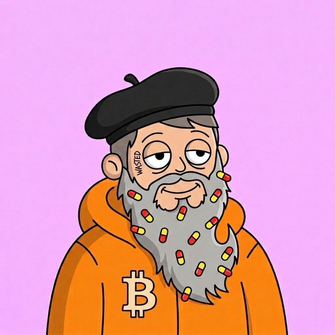 A cartoon illustration of a bearded man wearing an orange hoodie with a Bitcoin '₿' logo and a black beret, with the word 'WASTED' on his cheek and pills embedded in his gray beard, set against a pink background.
