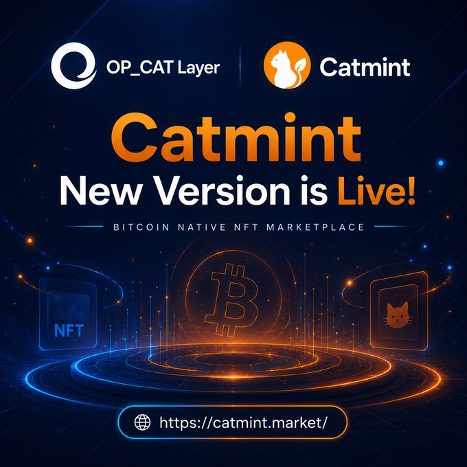 Promotional graphic for 'Catmint - New Version is Live!' advertised as a 'BITCOIN NATIVE NFT MARKETPLACE' featuring OP_CAT Layer branding and the URL https://catmint.market/.