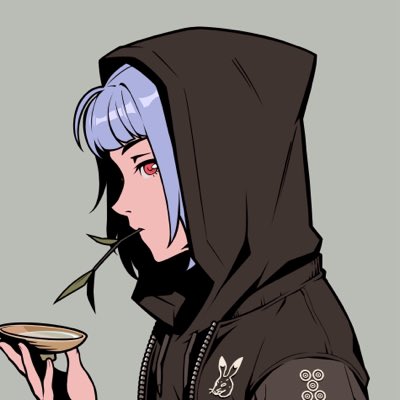 An anime-style illustration of a girl with blue hair in a dark hooded jacket, holding a bowl and spoon, shown in profile against a grey background.