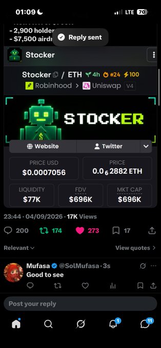 A mobile phone screenshot showing a social media post for a cryptocurrency token named 'Stocker' (STOCKER / ETH), displaying its price as $0.0007056 USD and a market cap of $696K.