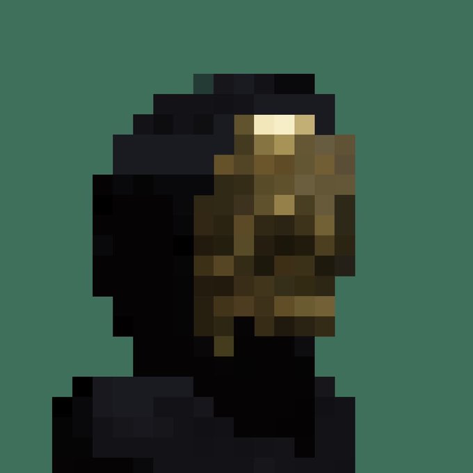 A low-resolution pixelated image of a creature with dark fur and a brown face against a solid dark green background.