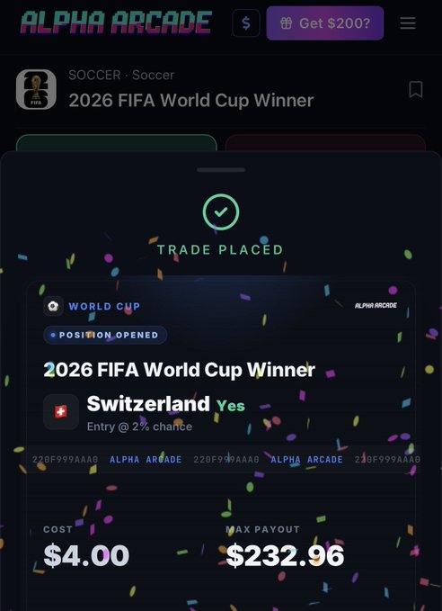 A screenshot from Alpha Arcade shows a successful trade placement confirming a $4.00 wager on Switzerland to win the 2026 FIFA World Cup at 2% odds, with a maximum payout of $232.96, matching the prediction made using USDC on the platform.