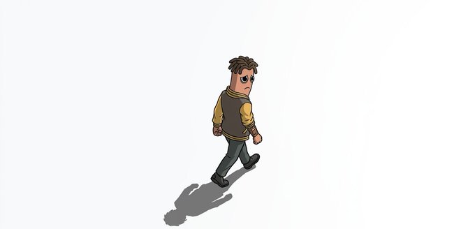 A minimalist 3D illustration of a small cartoon man with brown hair and a vest walking across a plain white background, casting a shadow.