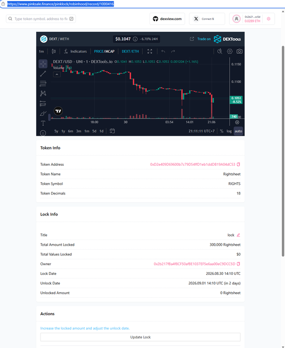 A GinkoPool.finance page showing token lock information for 'DEXT/ETH' (DEXTools.io), displaying a trading chart and details for 300,000 Rightsheet tokens locked until 2026.09.01.