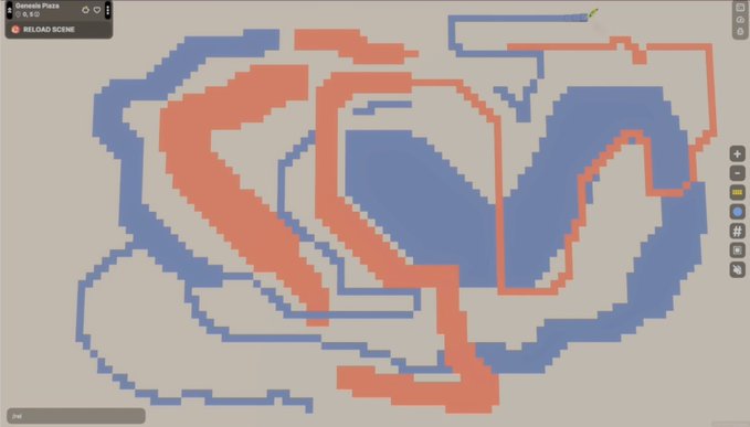The image shows a voxel-style tile painting in Decentraland featuring the word "DAO" rendered in an interlaced design of coral/orange and blue colors against a white background, with the interface displaying "Dancun Plaza #61" and a "RELOAD SCENE" button. This pixelated typography artwork appears to be one of the creator's experimental tile painting explorations within the Decentraland virtual world platform.