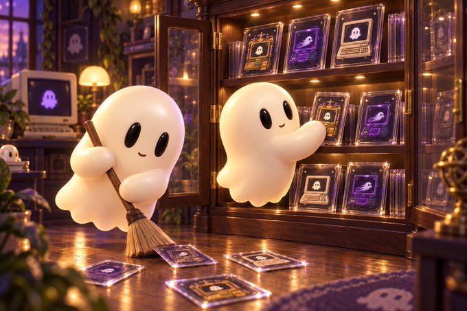 Two friendly cartoon ghosts tend to a warmly lit wooden display case filled with glowing "404" trading cards, while one sweeps up additional NFTs scattered across the floor—visually reinforcing the post's message of consistent NFT sweeps and treasury growth.