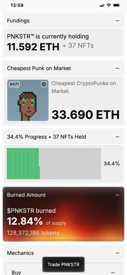 A mobile app screen showing crypto fundings for PNKSTR holding 11.592 ETH + 37 NFTs, listing the 'Cheapest Punk on Market' (CryptoPunk #471) for 33.690 ETH, with 34.4% progress and a 'Trade PNKSTR' button.