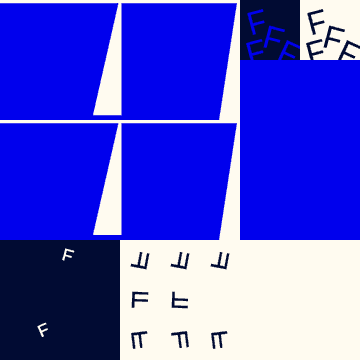 The image showcases a stylized digital composition featuring four blue rectangular panels with diagonal cutouts alongside dark sections displaying repeated "F" letterforms, evoking the geometric precision of Frank Stella's work while incorporating the systematic, algorithmic letter variations characteristic of Vera Molnár's generative art approach to "Themes and Variations #100."