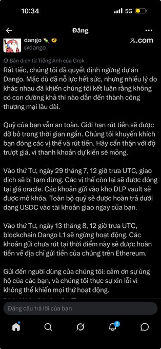 A Vietnamese-language tweet from user @dango (@edango) addressing the dĐàng community, announcing changes including the temporary closure of money-holding services for DLP Vault on oracle pricing day (December 7) and Dango L1's official launch (December 8).