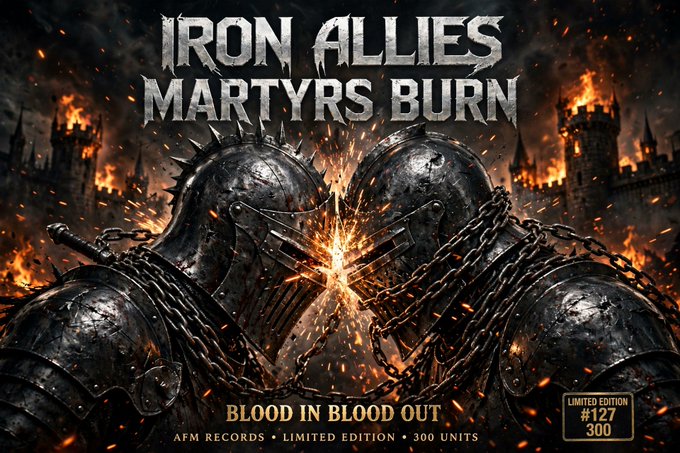Album cover art for 'Iron Allies - Martyrs Burn' titled 'Blood In Blood Out,' depicting two armored figures clashing with sparks amid a burning castle background, marked as AFM Records Limited Edition #127/300.