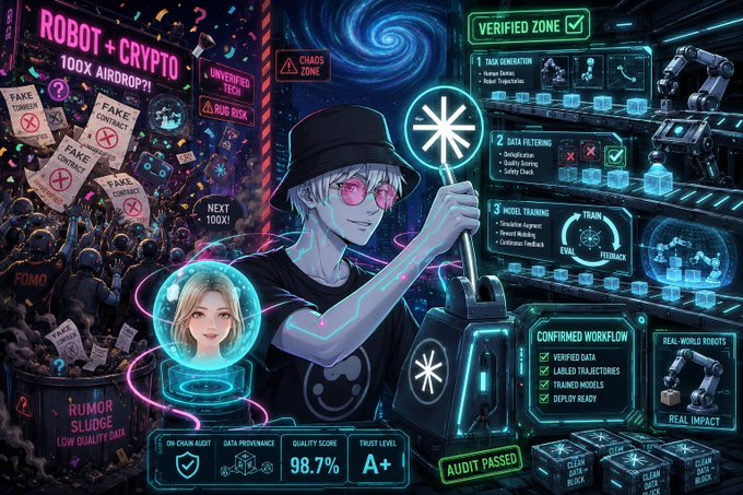 Vibrant cyberpunk-style illustration of a white-haired anime character with a bucket hat and pink glasses holding a staff, surrounded by crypto airdrop interfaces, 'ROBOT + CRYPTO' signage, and 'VERIFIED ZONE' data dashboards.
