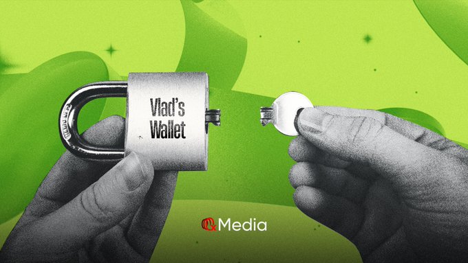 Digital collage with a green background showing two black and white hands holding a silver padlock labeled 'Vlad's Wallet' and its key, with 'Media' and a red logo at the bottom.