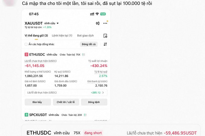 Vietnamese trading screenshot showing a leveraged XAU/USDT position with a realized loss of -61,145.05 USDC and unrealized loss of -59,486.95 USDT on ETHUSDC.