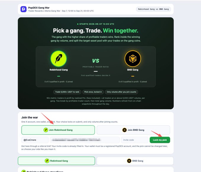 A PopDEX Gang War webpage showing a meme trading competition between Robinhood Gang and BNB Gang starting September 7, 2024, with arrows pointing to the 'Join Robinhood Gang' and 'Lock my pick' buttons.