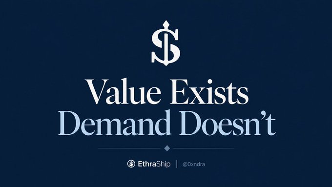 The image features a dark blue background with a stylized dollar sign logo and the text "Value Exists Demand Doesn't," credited to "EthraShip | @Oxndra." It serves as a visual argument complementing the post's critique of Sea Verity's tokenized approach, suggesting that established maritime data companies like Kpler and Windward have built real value without crypto incentives—implying a token may create demand rather than reflect existing worth.