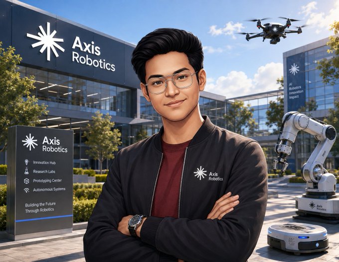 A stylized illustration of a young man wearing glasses and an 'Axis Robotics' jacket, standing in front of a robotics company building with a drone, robotic arm, and signage reading 'Innovation Hub,' 'Research Labs,' 'Prototyping Center,' and 'Autonomous Systems.'