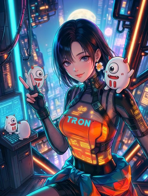 A cyberpunk anime girl wearing a "TRON" branded outfit poses with cartoonish monsters in a futuristic city, representing TRON's inclusion in the S&P Pantera Digital Asset Index. This imagery visually connects to the post's explanation of the index evaluating blockchains on utility and liquidity, not just price or market cap.