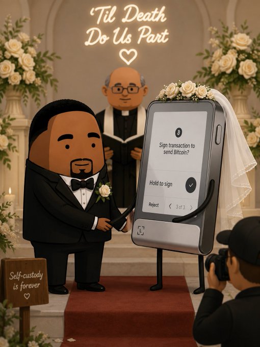 The image features a cartoon depiction of a man dressed as a priest holding a book titled "Self-counsel" while standing next to a wedding ring, which appears to be made out of an iPod touch device. The scene takes place at a wedding ceremony where the bride and groom are signing their marriage license on this unique ring.

The post includes text that reads "@Ledger, I do! no more trusting third parties with my keys, this is the real #til deathdouspart". This message emphasizes the importance of digital privacy and security in today's interconnected world.
