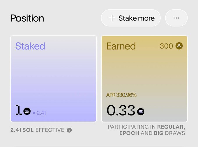 The image shows a screenshot of a wallet app that displays two different options for users, one being Staked and the other Earned. The Staked option has a purple square with the word "Staked" written in white letters on top, while the Earned option is represented by a yellow square with the number "300" displayed below it. Both options are presented side-by-side for easy comparison.