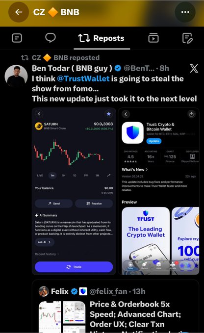 A screenshot of a social media feed, specifically X (formerly Twitter), showing a repost from CZ BNB (@BenTodares) praising the 'Trust Wallet' crypto application, displaying app screenshots for Saturn and Trust: Crypto & Bitcoin Wallet.