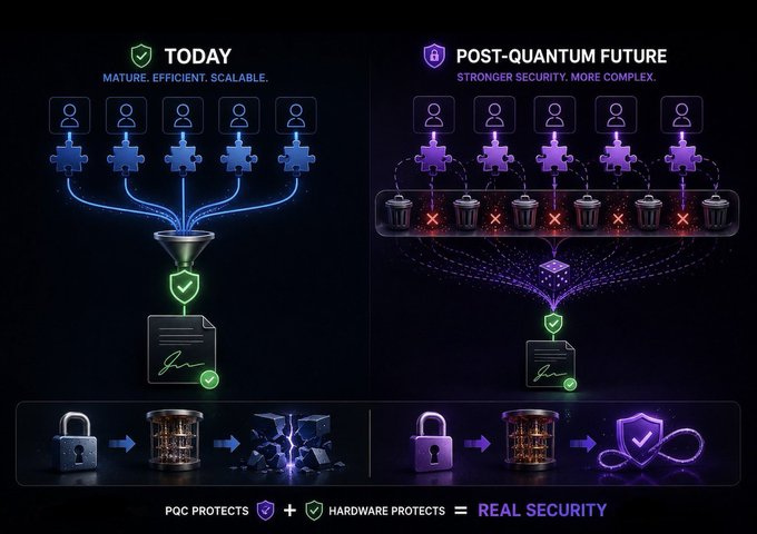 A side-by-side comparison illustrating traditional digital signatures versus post-quantum cryptography, showing how today's efficient threshold signature scheme (labeled "TODAY – MATURE. EFFICIENT. SCALABLE.") will evolve into a more complex post-quantum future ("POST-QUANTUM FUTURE – STRONGER SECURITY. MORE COMPLEX.") requiring additional cryptographic steps, culminating in the message "PQC PROTECTS + HARDWARE PROTECTS = REAL SECURITY."