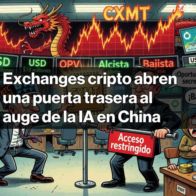 A cartoon-style illustration of a chaotic trading floor with a Chinese dragon, falling charts for USD, OPV, Alcista, Baiista, and Spanish text reading 'Exchanges cripto abren una puerta trasera al auge de la IA en China'.