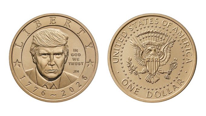 Two commemorative coins displayed side by side: the obverse features a portrait of Donald Trump with "LIBERTY" inscribed, "IN GOD WE TRUST" to the right, and the dual dates "1776~2026," while the reverse mirrors traditional U.S. dollar coin design with the Great Seal eagle, "UNITED STATES OF AMERICA," "ONE DOLLAR," and the value "250." The image visually represents the $TRUMP Coin, a likely cryptocurrency or commemorative token inspired by Trump's political persona and patriotic branding.