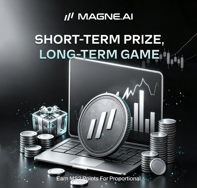 This image for MAGNE.AI highlights "SHORT-TERM PRIZE, LONG-TERM GAME" with a coin and stacks of coins, relating to the post's mention of earning MS2 points and a share of 35 million $MHA tokens.