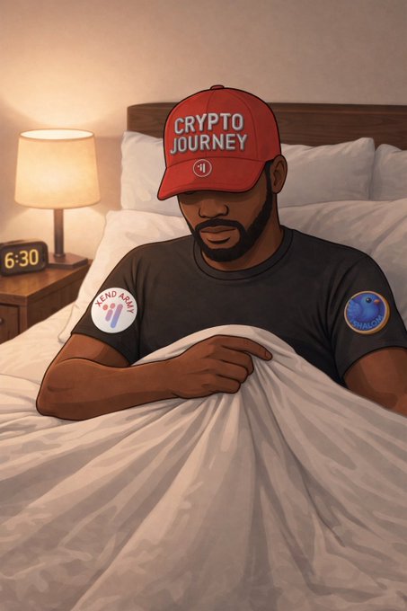 An illustration of a Black man sleeping in bed wearing a red cap that says 'CRYPTO JOURNEY' and a t-shirt with 'MEAN AREA' and 'HODLER' patches, with a clock showing 6:30 on the nightstand.