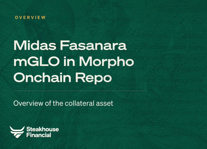 Steakhouse Financial overview titled 'Midas Fasanara mGLO in Morpho Onchain Repo - Overview of the collateral asset' with a dark green background.