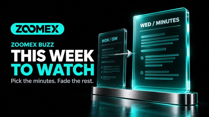 A promotional graphic displays the text 'ZOOMEX BUZZ THIS WEEK TO WATCH Pick the minutes. Fade the rest.' next to glowing glass-like cards labeled 'MON / ISM' and 'WED / MINUTES' with an arrow pointing to the latter.
