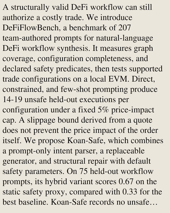 An academic abstract discussing DeFiFlowBench, a benchmark of 207 team-authored prompts for natural-language DeFi workflow synthesis, introducing "Koan-Safe" which combines an intent parser, generator, and structural repair achieving 0.67 safety score compared to 0.33 for baselines.