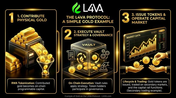An infographic titled "THE L4VA PROTOCOL: A SIMPLE GOLD EXAMPLE" illustrates a three-step process: "1. CONTRIBUTE PHYSICAL GOLD," "2. EXECUTE VAULT STRATEGY & GOVERNANCE," and "3. ISSUE TOKENS & OPERATE CAPITAL MARKET," featuring images of gold bars, vaults, and trading charts.