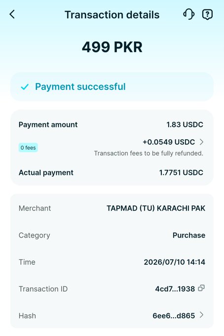 Mobile app transaction confirmation screen showing a successful payment of 499 PKR (1.83 USDC) to merchant 'TAPMAD (TU) KARACHI PAK' on 2026/07/10 14:14, with the actual payment being 1.7751 USDC.