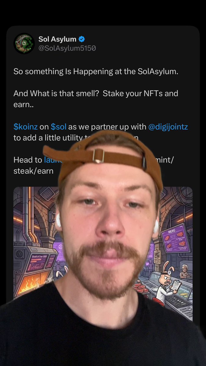 The image features a man wearing a brown hat, looking at his phone screen. The caption of the image reads "Shoutout to SolAsylum. Strong partnerships that are shaping its foundation are being announced rapidly & this is oneof the fastest growing movements in Web3 right now. Mint/stake/earn with the Delusionals NFT collection below launchmynft.io/mint/doc". The man's hat and his phone screen are both located at the bottom of the image, while the caption is placed above him.
