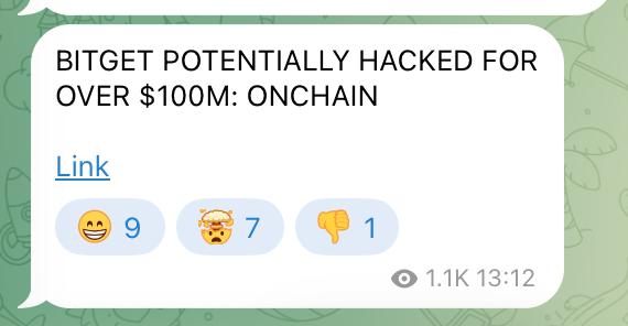 The image is a screenshot of a chat message reading "BITGET POTENTIALLY HACKED FOR OVER $100M: ONCHAIN," with 9 smiley, 7 angry, and 1 thumbs-down reactions and 1.1K views at 13:12. The post "cex is sexing" is a pun playing on "CEX" (centralized exchange) and references how Bitget, a CEX, may have been exploited for over $100M.