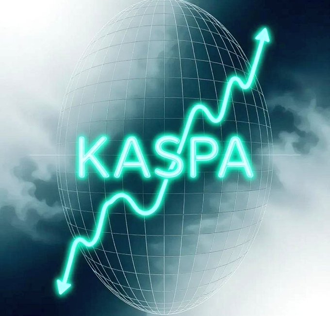 Stylized image of a wireframe globe with the word 'KASPA' in glowing teal text overlaid by an upward-trending zigzag line graph with arrows.