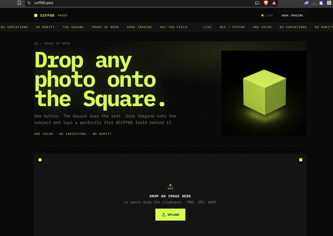 Screenshot of the ccff00.pics website with the headline 'Drop any photo onto The Square.' and an upload area below.