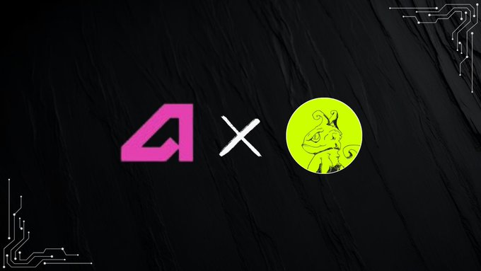 A collaboration graphic featuring a pink 'A' logo next to an 'X' and a yellow circle containing a black tentacled creature illustration on a dark textured background.