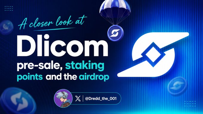 A promotional banner for Dlicom featuring the headline "A closer look at Dlicom: pre-sale, staking, points and the airdrop," alongside the Dlicom logo with a parachute graphic and the handle @Dredd_the_001, visually tying into the post's discussion of the Pre-TGE Airdrop for early $DLI supporters.