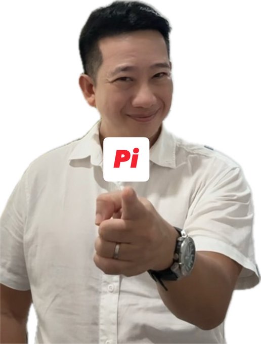 A man in a white collared shirt smiles while holding up a card displaying "Pi" in red letters, giving a thumbs-up gesture. The hashtag "#Pi" suggests this is promotional content for the Pi Network cryptocurrency project.
